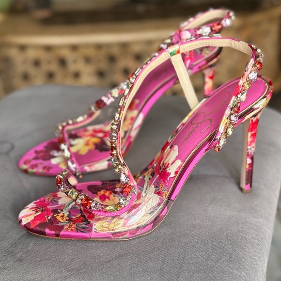 Floral sexy dressy sandals with rhinestones pink heels - Picture 6 of 7